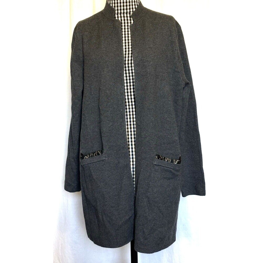 CHICO'S size 1 US M Gray Longline Jacket Cardigan Lightweight Animal Print Back